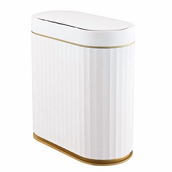 Bathroom Trash Can with lid 2.5 Gallon Waterproof Motion Sensor Wastebasket, Automatic Trash Bin Bathroom Decor for Bedroom and Office White with Golden Trim