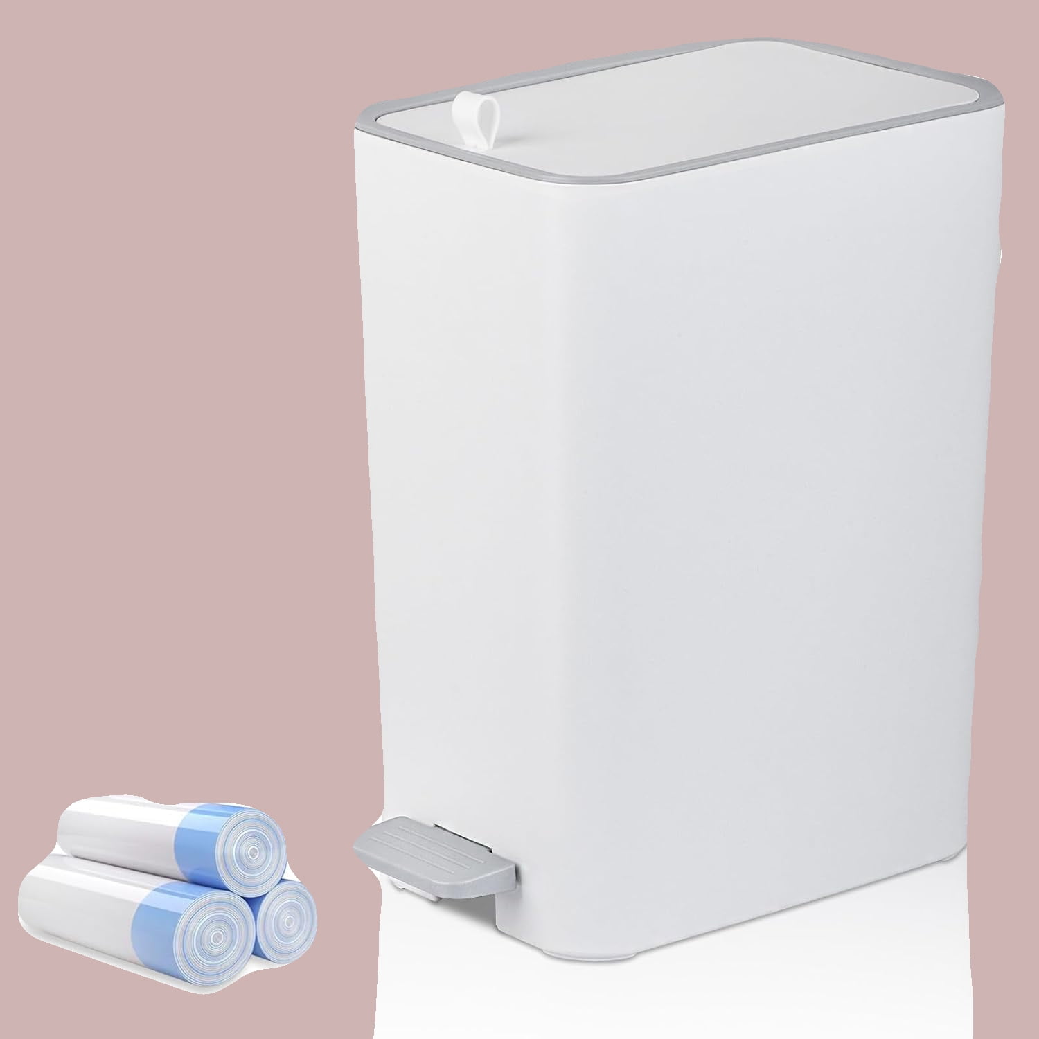 Bathroom Trash Can with Lid, Step Garbage Can with Handle, Slim Wastebasket for Bedroom, Office, Dorm, White