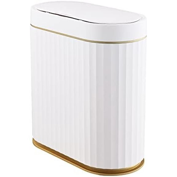 Bathroom Trash Can with lid 2.5 Gallon Motion Sensor Wastebasket, Automatic Trash Bin Bathroom Decor for Bedroom and Office White with Golden Trim