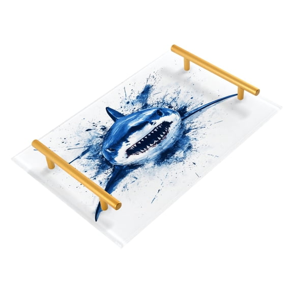 Bathroom Tray 7.87”x11.81” Acrylic Decorative Tray with Aluminum Alloy Handle Non-Slip Base An Blue Angry Shark