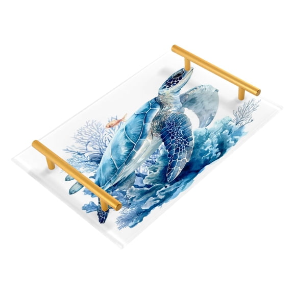 Bathroom Tray 7.87”x11.81” Acrylic Decorative Tray with Aluminum Alloy Handle Non-Slip Base Blue Sea Turtle Pattern