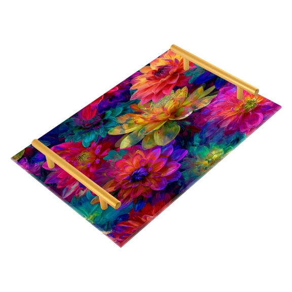 Bathroom Tray 7.87”x11.81” Acrylic Decorative Tray with Aluminum Alloy Handle Non-Slip Base Colorful and Bright Floral Pattern
