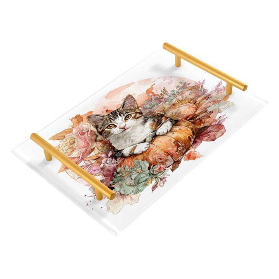 Bathroom Tray 7.87”x11.81” Acrylic Decorative Tray with Aluminum Alloy Handle Non-Slip Base Cute Cat with Autumn Leaves