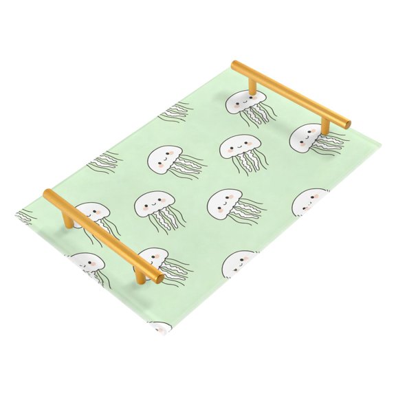 Bathroom Tray 7.87”x11.81” Acrylic Decorative Tray with Aluminum Alloy Handle Non-Slip Base Cute White Jellyfish