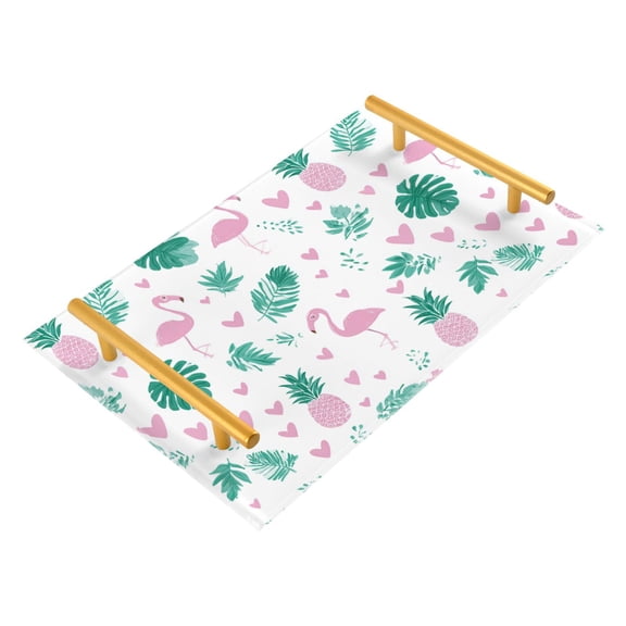 Bathroom Tray 7.87”x11.81” Acrylic Decorative Tray with Aluminum Alloy Handle Non-Slip Base Flamingo and Palm Leaves