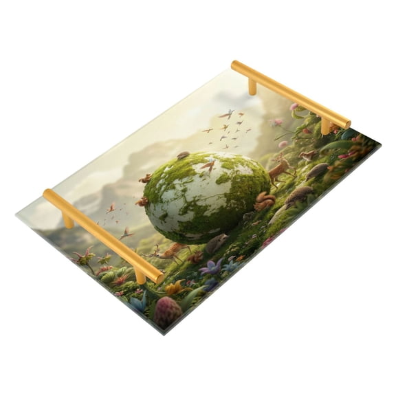 Bathroom Tray 7.87”x11.81” Acrylic Decorative Tray with Aluminum Alloy Handle Non-Slip Base Giant Egg with Green Moss