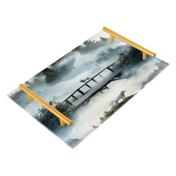 Bathroom Tray 7.87”x11.81” Acrylic Decorative Tray with Aluminum Alloy Handle Non-Slip Base Old Wooden Bridge