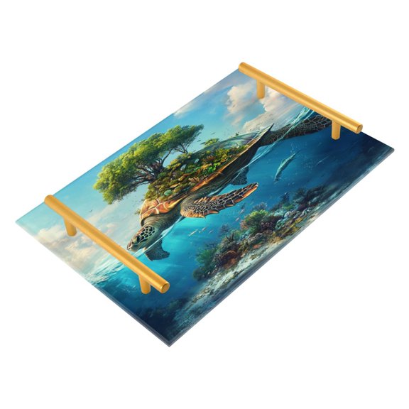 Bathroom Tray 7.87”x11.81” Acrylic Decorative Tray with Aluminum Alloy Handle Non-Slip Base Sea Turtle Carrying Island