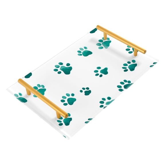Bathroom Tray 7.87”x11.81” Acrylic Decorative Tray with Aluminum Alloy Handle Non-Slip Base Teal Dog Paw Prints