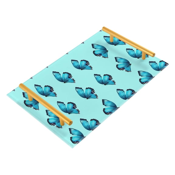 Bathroom Tray 7.87”x11.81” Acrylic Decorative Tray with Aluminum Alloy Handle Non-Slip Base Turquoise Blue Butterfly Pattern