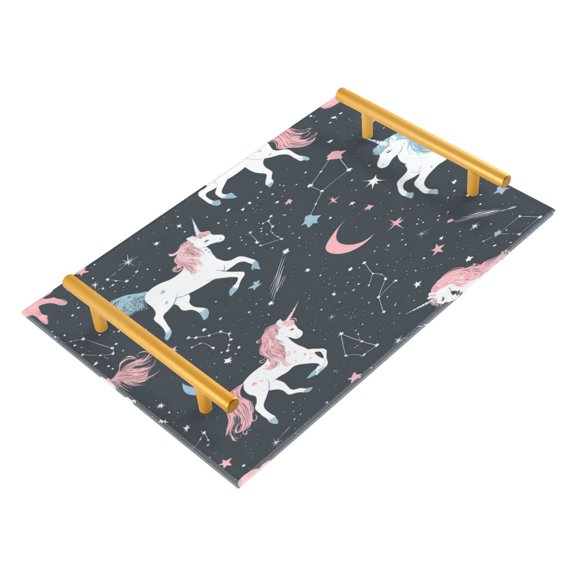 Bathroom Tray 7.87”x11.81” Acrylic Decorative Tray with Aluminum Alloy Handle Non-Slip Base Unicorns and Stars