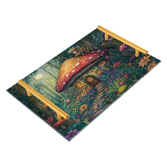 Bathroom Tray 7.87”x11.81” Acrylic Decorative Tray with Aluminum Alloy Handle Non-Slip Base Whimsical Mushroom House