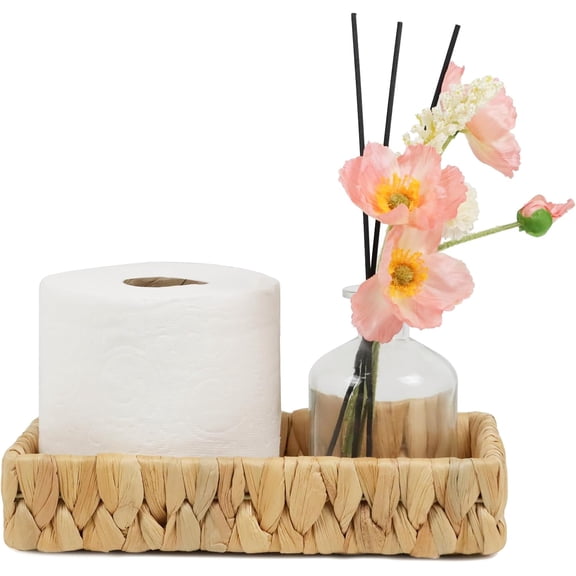 Bathroom Tray Countertop, 10 Inch Water Hyacinth Bathroom Basket, Toilet Tank Bathroom Vanity Tray, Rattan Wicker Tray for Bathroom Decor Coffee Table (Small)