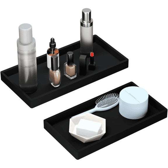 Bathroom Tray Countertop for Toiletries, Black Vanity Tray for Makeup Perfume Decor, Silicone Kitchen Tray for Soap Dispenser Salt Pepper Brush Holder