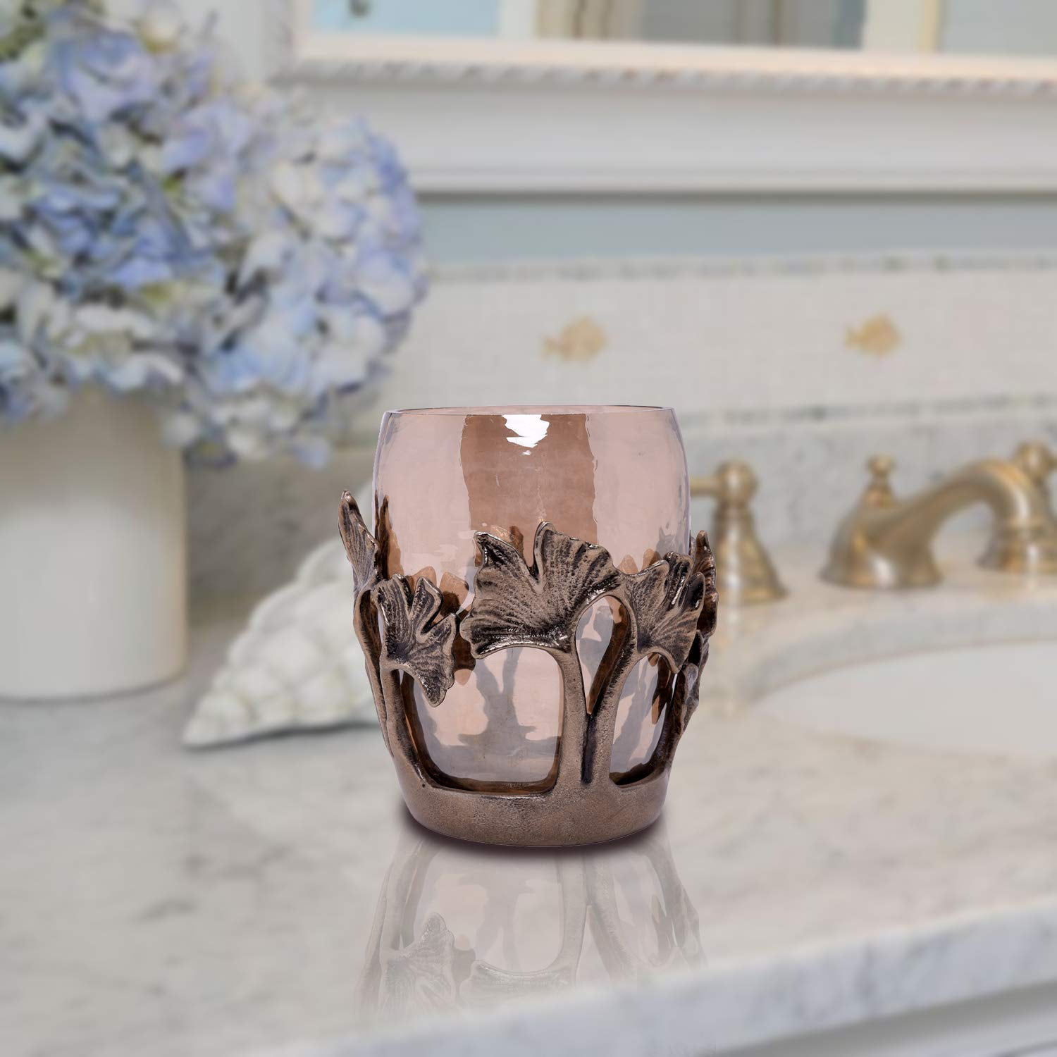 Bathroom Tumbler Cup - Brass and Glass Gold Finish Elegant Toothbrush Toothpaste Holder for Premium Kitchen Home Decor Bathroom Accessories Countertop Organizer - The Gingko Collection