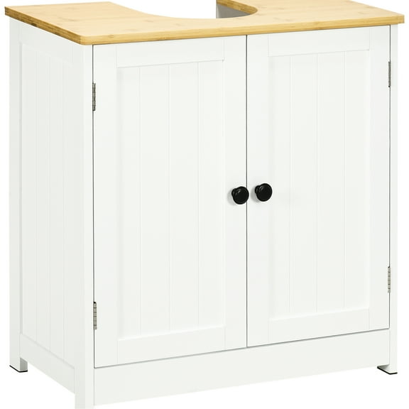 Bathroom Under Sink Cabinet In White, Double Door With Adjustable Shelf For Wall Mount Smart Space Management Storage