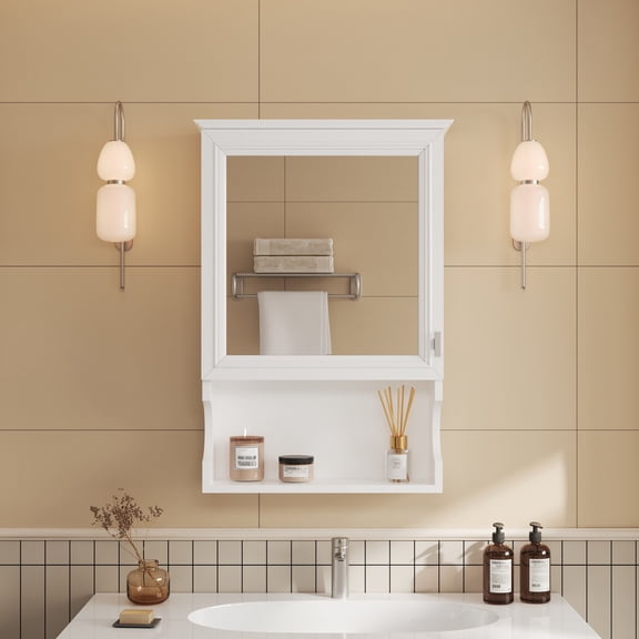 Bathroom Vanity, 20'' Wall Mounted Bathroom Storage Cabinet with Mirror, Wall Mounted Home Storage with Door, Mirrored Wall Medicine Cabinet, White Bathroom Storage Cabinet,Bathroom Shelving