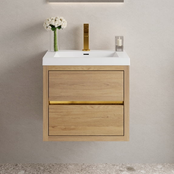 Bathroom Vanity, 24". Natural Oak Color. Stone Resin Countertop. Ample Storage. Soft Close Hinges. U-shape Drain For Convenient Function Vanity With Sink, Appearance. Spacious Drawers. Optimal