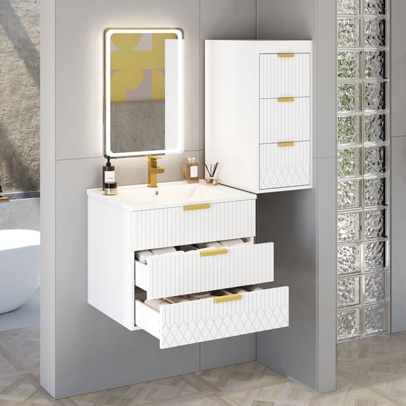 Bathroom Vanity 24inch Wall Mounted Floating Cabinet w/Side Cabinet Combo, Rectangular Vanity, Small Bathroom Sink With Single Faucet Hole and Overflow, Modern Bathroom Cabinet with Ceramic Basin Sin