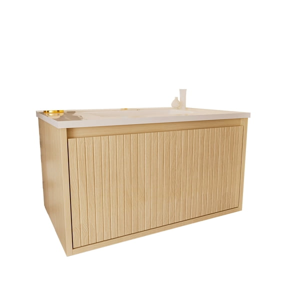 Bathroom Vanity 30 Inch Bathroom Vanity Cabinet With Ceramic Sink - Natural Wood Wall Mounted Floating Fluted Vanity With Drawers, Modern,Vanity With Sink