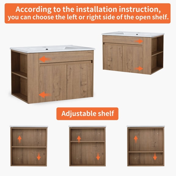 Bathroom Vanity 30 Inch Bathroom Vanity With Open Shelf, KD-PACKING-(Only Vanity, Without Basin),Vanity With Sink