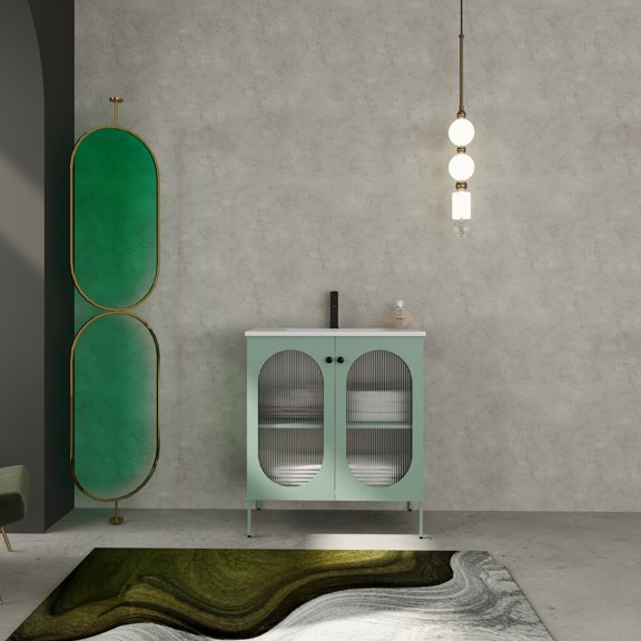 Bathroom Vanity, 30 Inch Freestanding Single Sink Cabinet with Ceramic Basin, Cold Rolled Steel and Acrylic, Mint Green Modern Storage with Adjustable Shelves for Bathroom