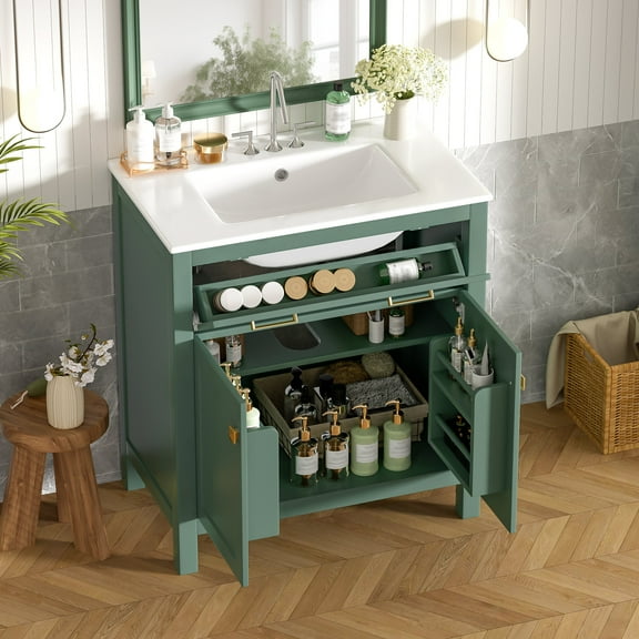 Bathroom Vanity 30-inch Bathroom Vanity with Ceramic Sink, Modern Green Single Bathroom Cabinet with 2 Doors and a Shelf, Soft Close Doors,Vanity With Sink