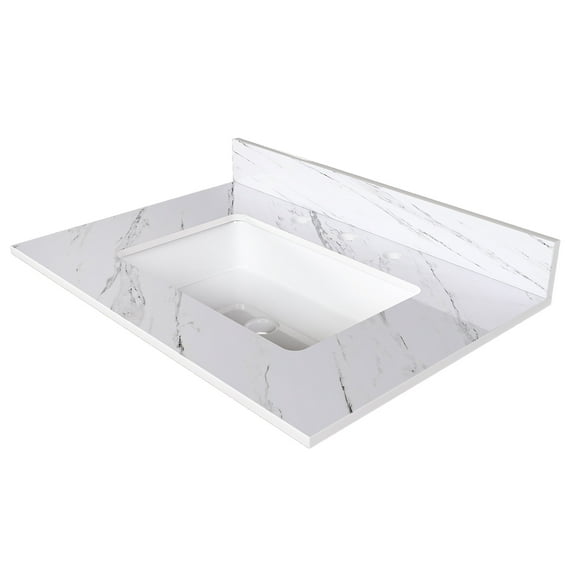 Bathroom Vanity 31 Inch Marble Vanity Top, White Vanity Top with Pre-drilled Faucet Holes, Bathroom Vanity Top with Undermount Rectangular Middle Sink and 4" Height Backsplash, Bianco Carrara Venato