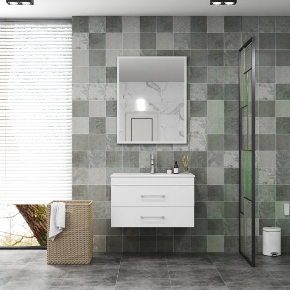 Bathroom Vanity, 32-Inch Wall-Mounted White Gloss Cabinet with Ceramic Sink, Aluminium Frame and Double Soft-Close Drawers, Modern Minimalist Design for Bathroom and Powder Room