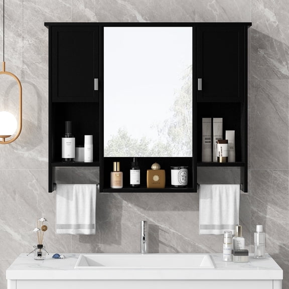 Bathroom Vanity, 35'' x 28'' Modern Wall Mounted Bathroom Storage Cabinet, Bathroom Wall Cabinet with Mirror, Medicine Cabinet with Towels Bar, Black Bathroom Storage Cabinet,Mdf Bathroom Shelving