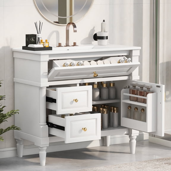 Bathroom Vanity 36" Bathroom Vanity with Sink, Freestanding Bathroom Cabinet with Ceramic Basin, Flip Drawer, Adjustable Shelf, Rubberwood Frame & MDF Panels, Metal Handles, White Painted Finish,Van