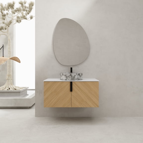 Bathroom Vanity 36" Bathroom Vanity With Top Ceramic Art Sink and Artificial Stone Slab, 2-Soft Close Door, Wall-Mounted Mounting Design, Plywood (KD-Packing),Vanity With Sink