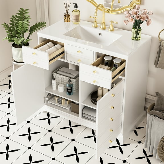 Bathroom Vanity 36'' Ceramic Sink - Solid Wood & , 2 Drawers, , White, Sufficient Storage Construction, Spacious