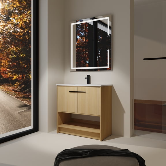 Bathroom Vanity with 36 Inch Ceramic Sink, Plywood Freestanding Cabinet with 2 Soft Closing Doors and Open Bottom Storage, Water-Resistant Oak Finish for Modern American Bathrooms