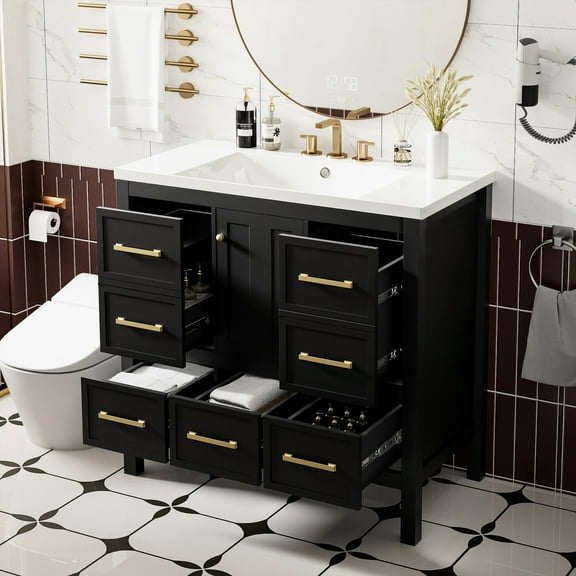 Bathroom Vanity 36'' - Resin Sink Solid Wood & 5 Drawers Doors Always Robust Black Perseverance