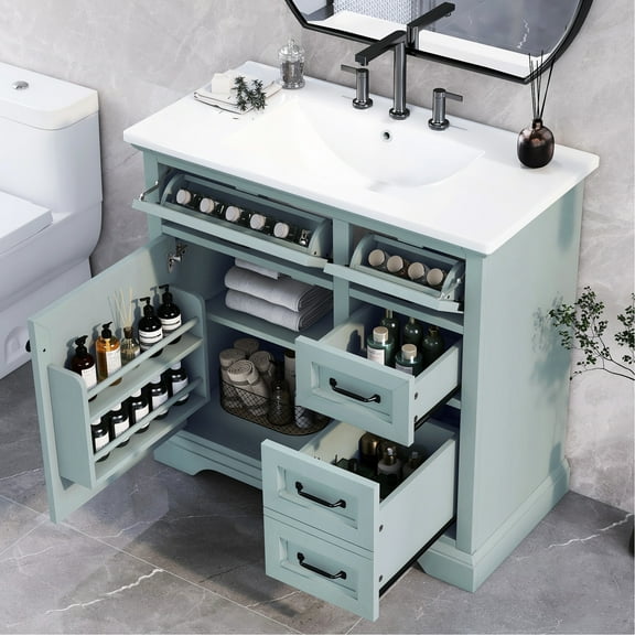 Bathroom Vanity 36" With Grey Ceramic Sink - 4 Drawers, Quiet Door Hinge Ceramic, Silent