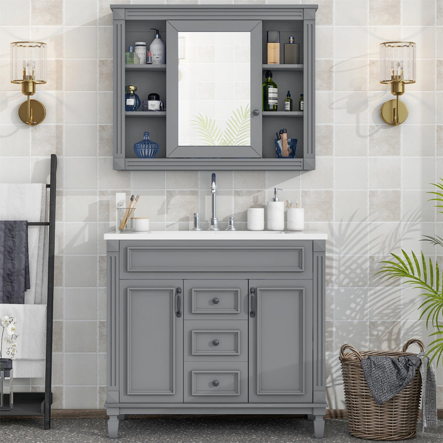 Bathroom Vanity, 36 inch Bathroom Vanity with Countertop Sink and Wall Mirror Set, Freestanding ...