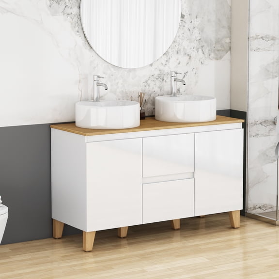 Bathroom Vanity, 47-Inch Double Basin Combo with Solid Wood Top and Feet, 2 Doors and 2 Soft-Close Drawers, Handle-Free Modern Design, Glossy White Finish for Master Bathroom