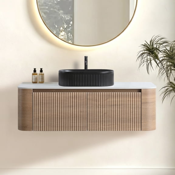 Bathroom Vanity, 48 Inch Honey Oak Wood Cabinet with Black Oval Striped Ceramic Vessel Sink, Fluted Curved Design with Soft-Close Drawers and Matching Towel Rack for Master Bathroom