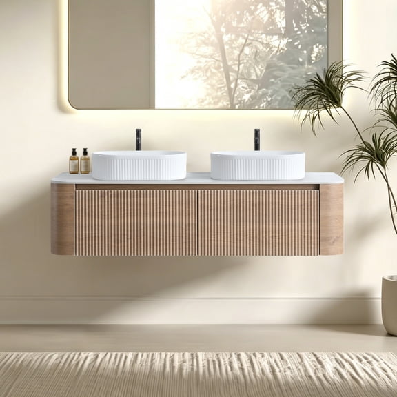 Bathroom Vanity, 60 Inch Double Sink Vanity with White Oval Ceramic Basins, Honey Oak Wood Grain Fluted Cabinet and Sintered Stone Top, Includes Matching Towel Rack for Master Bath