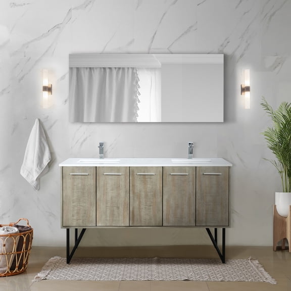 Bathroom Vanity, 60-Inch Rustic Acacia Wood Double Sink Vanity with White Quartz Top, Chrome Faucet Set, Soft Close Drawers and Cabinets, Storage Shelf for Master Bathroom