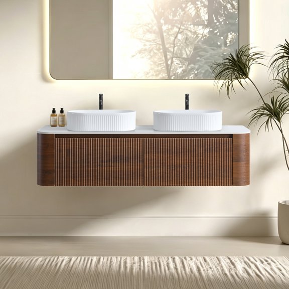 Bathroom Vanity, 60 Inch Walnut Wood Cabinet with Double White Oval Striped Ceramic Basins, Fluted Curved Design with Soft-Close Drawers and Matching Towel Rack for Master Bathroom