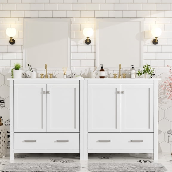 Bathroom Vanity, 60" White Solid Wood and MDF Double Vanity Set with Two Ceramic Sinks, Soft Close Doors, Divided Storage Drawers and Shelves for Spacious Master Bathroom, Free-standing