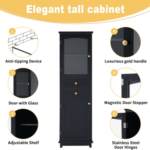 Bathroom Vanity, 63" Tall Bathroom Storage Cabinet with Glass Doors, Free-Standing, Two Drawers, and Adjustable Shelves, MDF Board, Painted Black - Perfect for Displaying Your Favorite Items