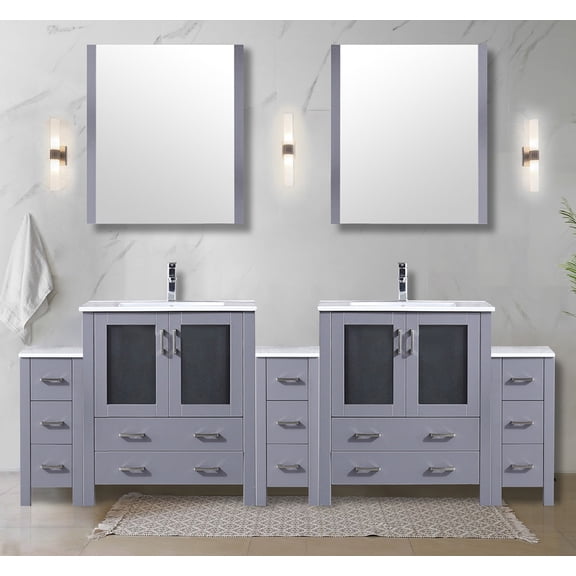 Bathroom Vanity, 96 in. W x 18.25 in. D, Solid Wood Frame with White Ceramic Top, Dark Grey Finish, 13 Drawers and Side Cabinets with Soft Close Hinges for Master Bathroom Storage