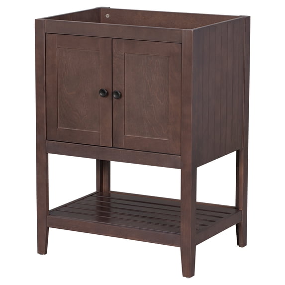 Bathroom Vanity Base Only, Bathroom Storage Cabinet with Doors and Shelf, Modern Wood Cabinet Basin, Solid Wood Frame with Open Shelf, Sink not Included (Brown 24")