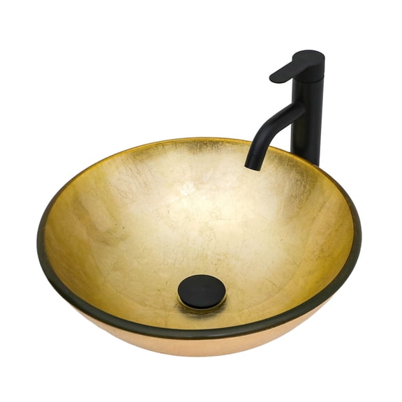 Bathroom Vanity Bathroom Artistic Tempered Glass Vessel Bathroom Sink with Black Faucet and Pop-up Drain, Gold-foil Textured Tempered Glass Vanity Round Bowl,Bathroom Vanity Set