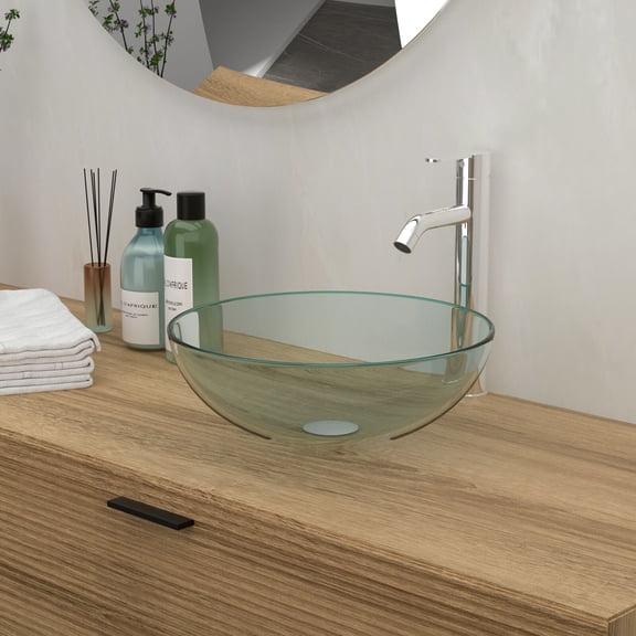 Bathroom Vanity Bathroom Artistic Tempered Glass Vessel Bathroom Sink with Faucet and Pop-up Drain, Clear,Vanity With Sink