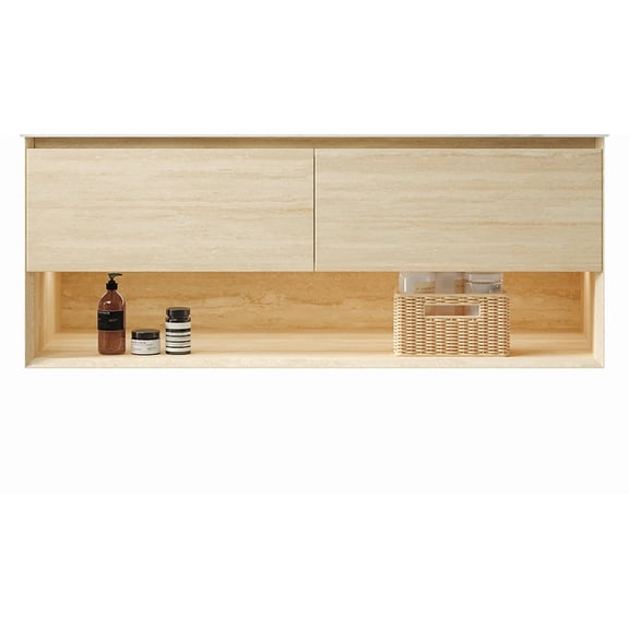 Bathroom Vanity Cabinet, 48 Inch Wall-Mounted Plywood Vanity in Beige Travertine Texture, 2 Soft-Close Drawers and Open Shelf with LED Motion Sensor Lighting for Modern Bathrooms