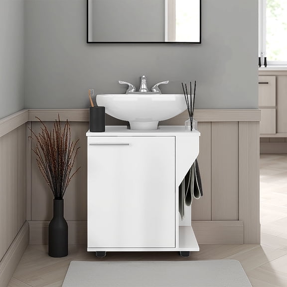 Bathroom Vanity Cabinet, Engineered Wood Under Sink Storage with 1 Door and 2 Shelves, White Finish, 24.4" H x 22.0" W x 16.3" D, 4 Legs, Functional Organizer for Bathroom Space